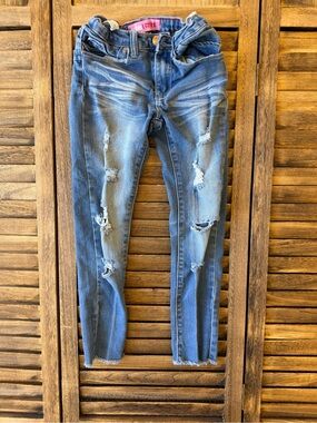 Pink Latte Girls Size 7 Distressed Blue Skinny Jeans - Pink Label Frayed Hem